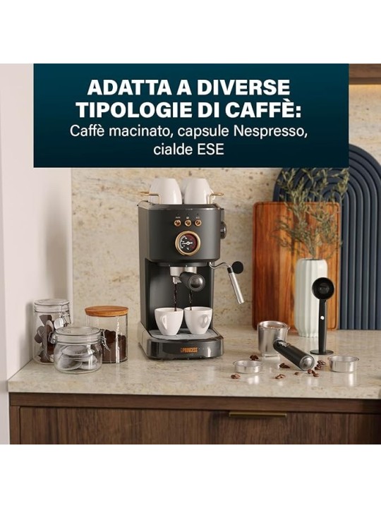Princess Macchina per Espresso - 1100W, 20 Bar con Scaldatazze e Beccuccio a Vapore