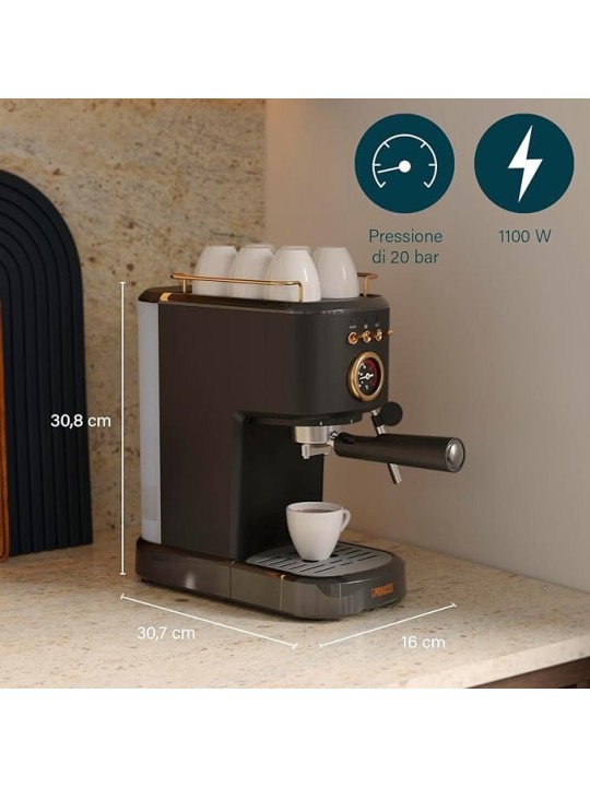 Princess Macchina per Espresso - 1100W, 20 Bar con Scaldatazze e Beccuccio a Vapore